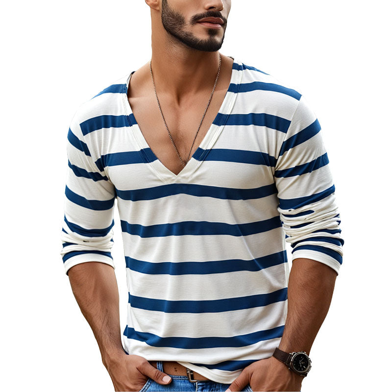 Men's Casual Striped Henley Collar Long Sleeve T-Shirt 9261117243576