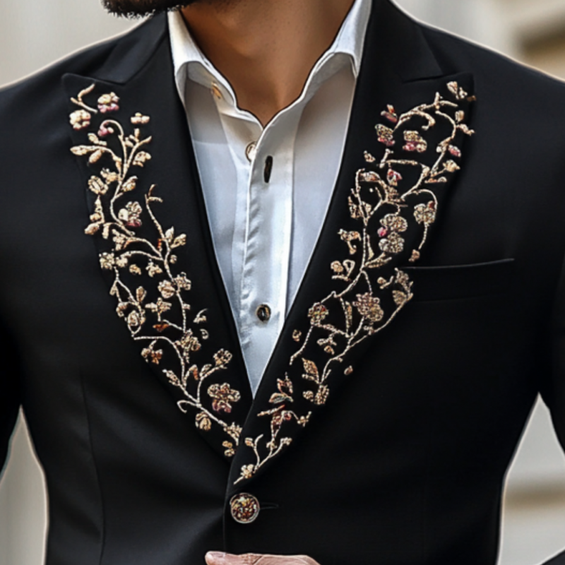 Men's Vintage Peaked Lapel Embroidered Single Breasted Slim Fit Blazer 9892386242744