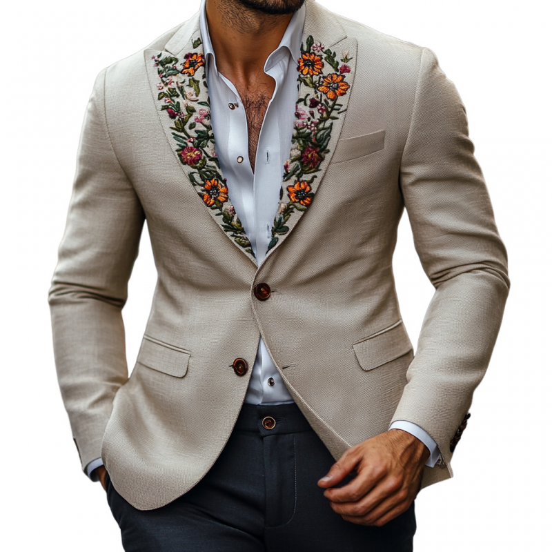 Men's Vintage Peaked Lapel Embroidered Single Breasted Slim Fit Blazer 9894194380984