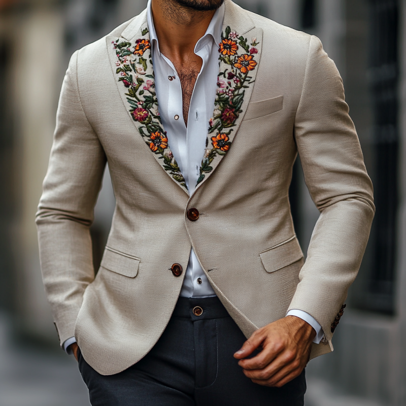 Men's Vintage Peaked Lapel Embroidered Single Breasted Slim Fit Blazer 9894194380984