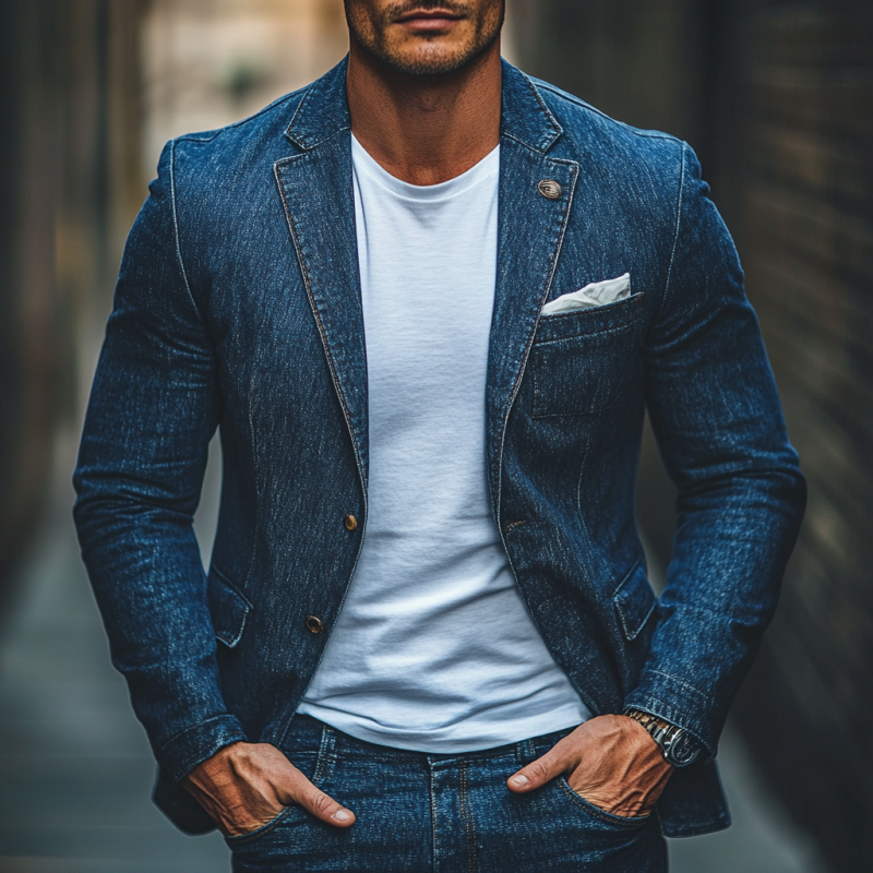 Men's Fashion Single-Breasted Lapel Denim Blazer 9892050141368