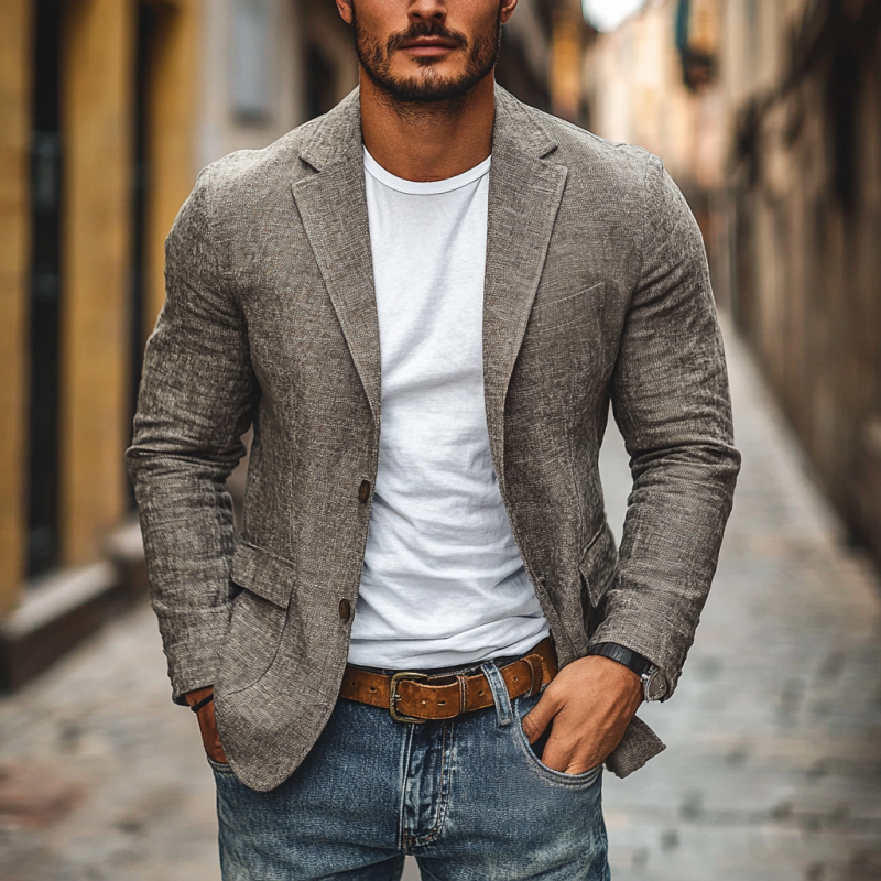 Men's Casual Cotton Linen Notch Lapel Single-breasted Slim-fit Blazer 9923553722552