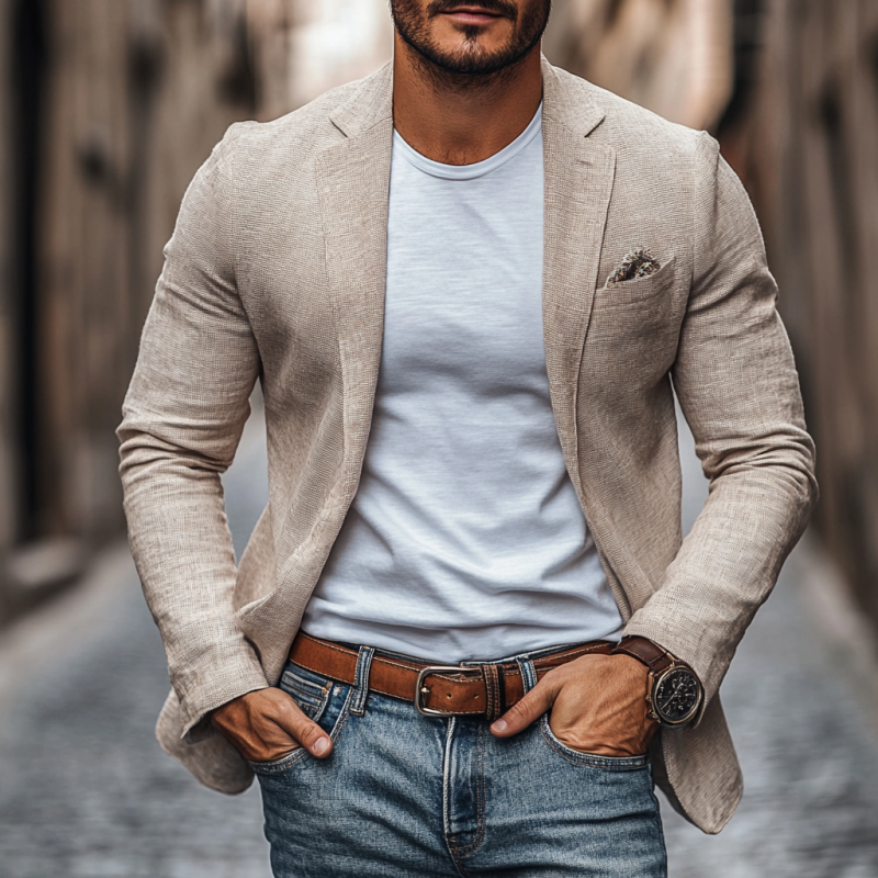 Men's Casual Cotton Linen Notch Lapel Single-breasted Slim-fit Blazer 9899714576568