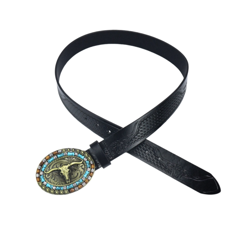 Men's Vintage Bull Head Western Cowboy Leather Belt 9893976899768