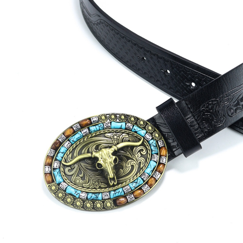 Men's Vintage Bull Head Western Cowboy Leather Belt 9893976899768