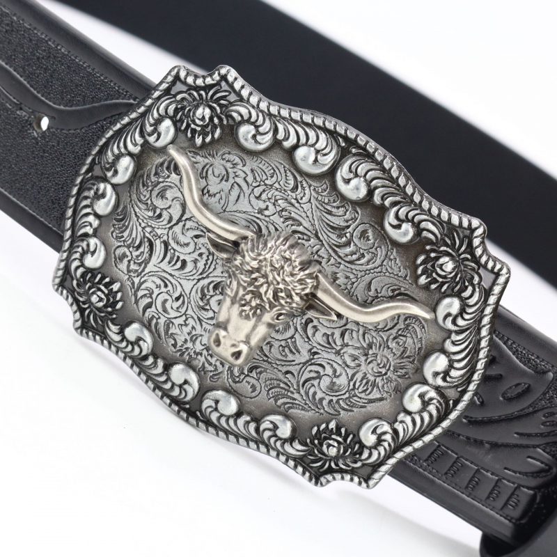 Men's Vintage Bullhead Punk Embossed Western Cowboy Leather Belt 9893976801464