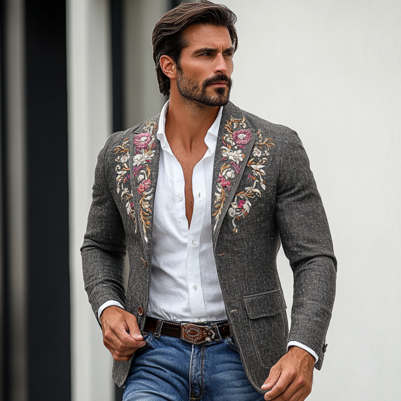 Men's Vintage Classic Slim Fit Rose Embroidered Linen Blazer 9892391911608
