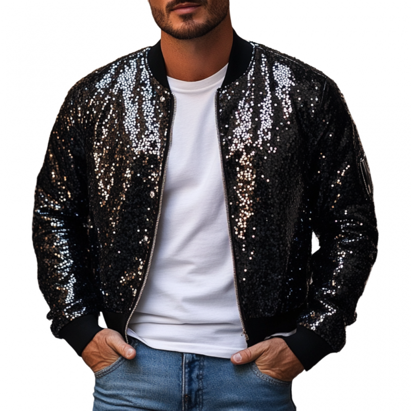 Men's Fashion Sequin Zipper Loose Baseball Jacket 9892051255480