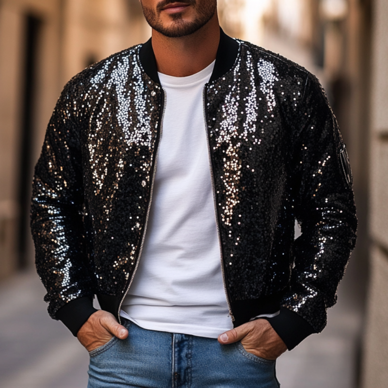 Men's Fashion Sequin Zipper Loose Baseball Jacket 9892051255480