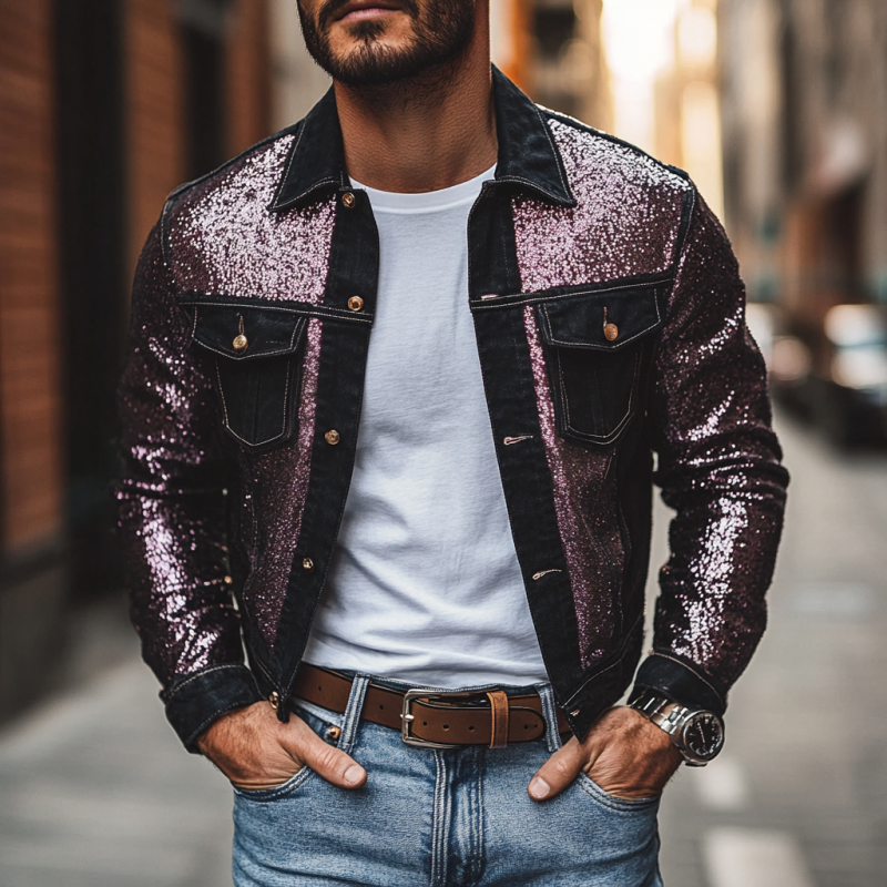 Men's Casual Lapel Denim Sequin Patchwork Slim-fit Jacket 9892051583160