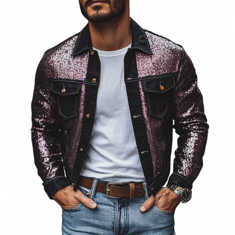 Men's Casual Lapel Denim Sequin Patchwork Slim-fit Jacket 9892051583160