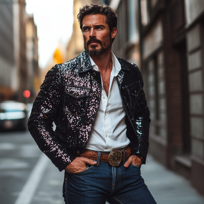 Men's Fashion Sequin Lapel Patchwork Slim-fit Jacket 9892051452088