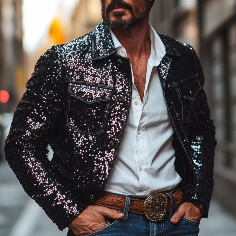 Men's Fashion Sequin Lapel Patchwork Slim-fit Jacket 9892051452088