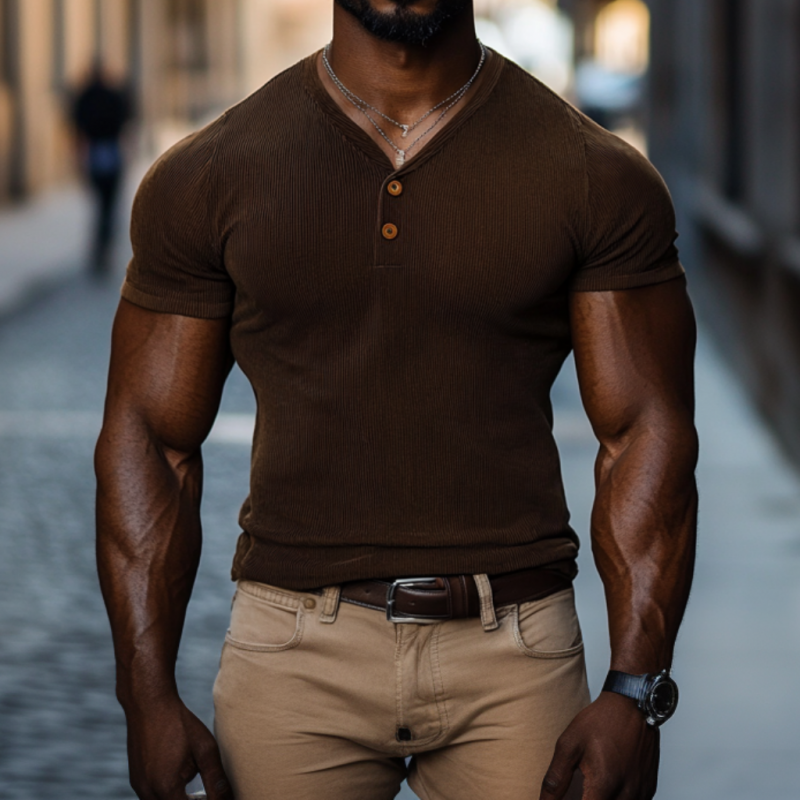 Men's Casual Cotton Blended Ribbed V-neck Slim Short-sleeved T-shirt 9901320306872