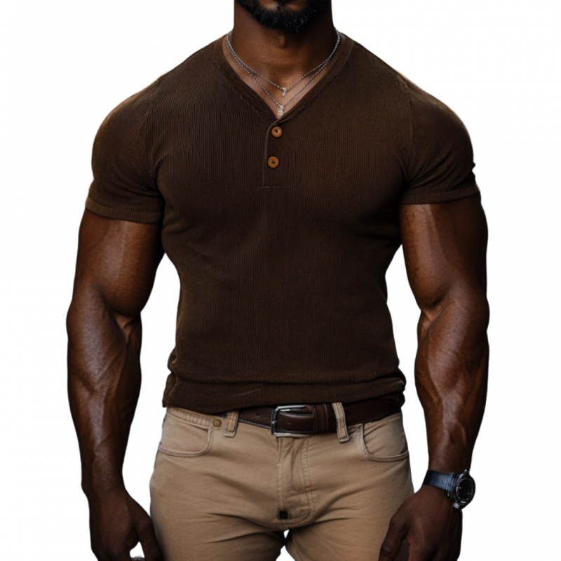 Men's Casual Cotton Blended Ribbed V-neck Slim Short-sleeved T-shirt 9901320306872