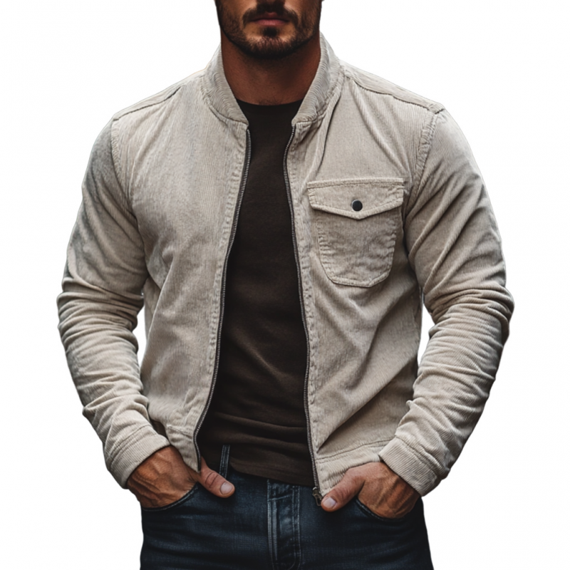 Men's Casual Stand Collar Corduroy Zip-up Slim Shirt Jacket 9899714609336