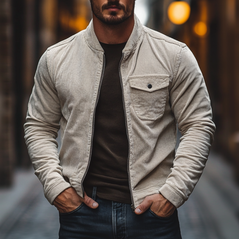Men's Casual Stand Collar Corduroy Zip-up Slim Shirt Jacket 9899714609336