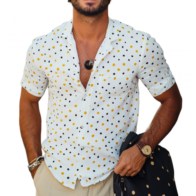 Men's Casual Polka Dot Lapel Slim Fit Short Sleeve Shirt 9901320569016