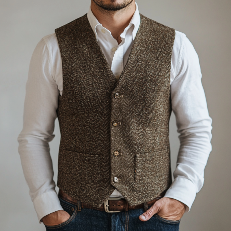 Men's Vintage Herringbone V-Neck Single Breasted Slim Fit Vest 9899723423928
