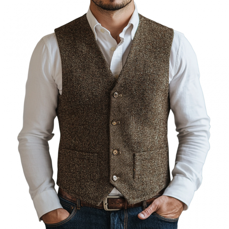 Men's Vintage Herringbone V-Neck Single Breasted Slim Fit Vest 9899723423928