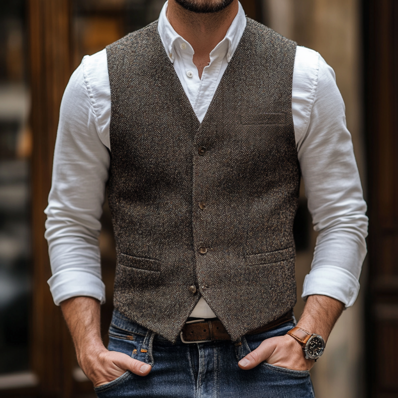 Men's Vintage Herringbone V-Neck Single-Breasted Multi-Pocket Slim Fit Vest 9899723522232