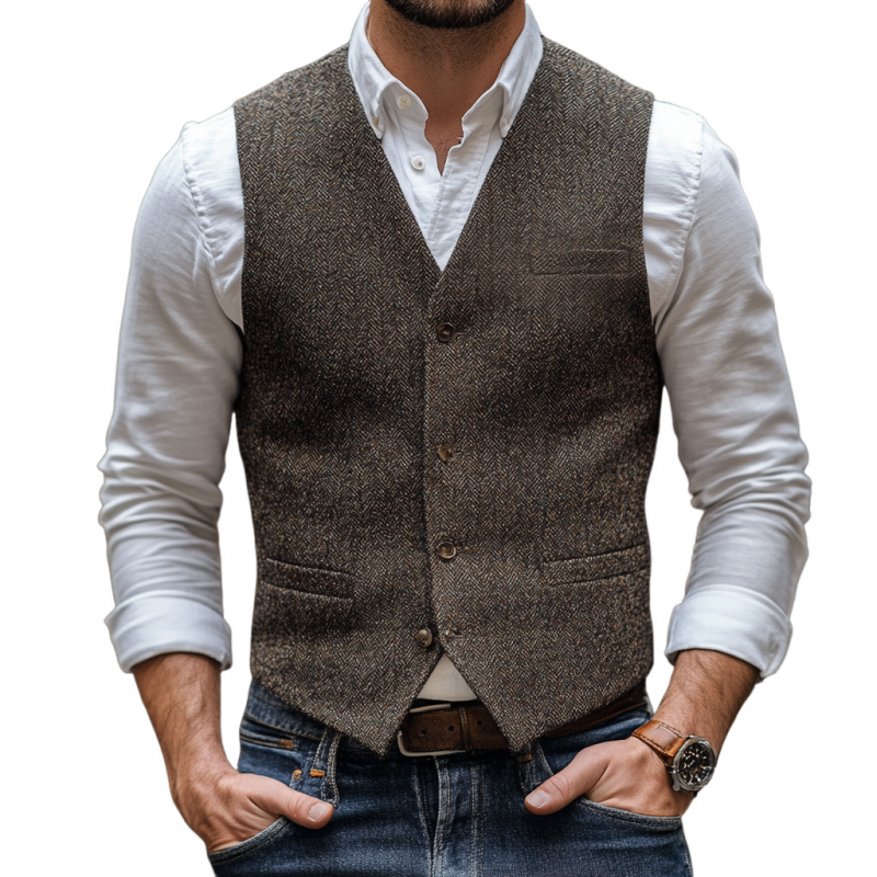 Men's Vintage Herringbone V-Neck Single-Breasted Multi-Pocket Slim Fit Vest 9899723522232