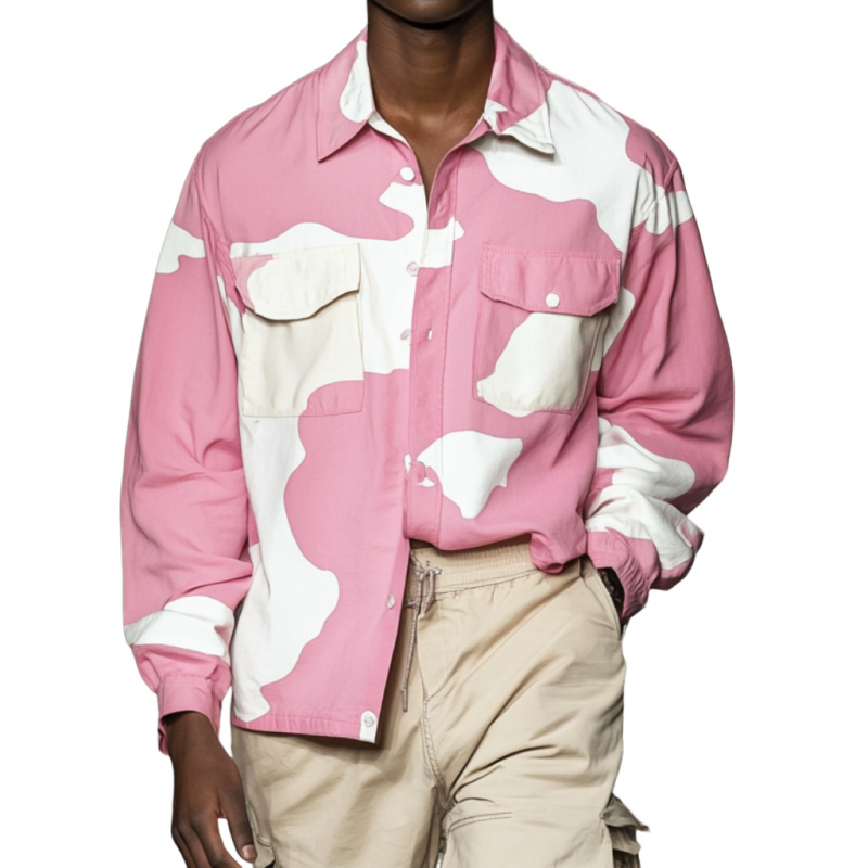 Men's Casual Contrast Print Lapel Loose Chest Pocket Long Sleeve Shirt 9899714871480