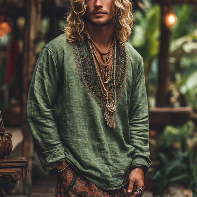 Men's Bohemian Print V Neck Long Sleeve Loose Fit Shirt 9901319651512