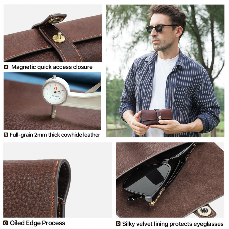 Men's Portable Handmade Top Layer Cowhide Magnetic Buckle Glasses Storage Bag 9901318635704
