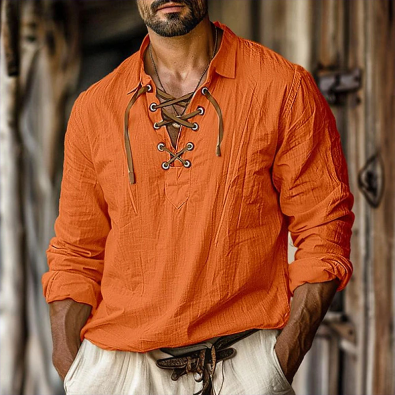 Men's Classic Casual V-Neck Lace-Up Linen Long Sleeve Shirt 9902010728632