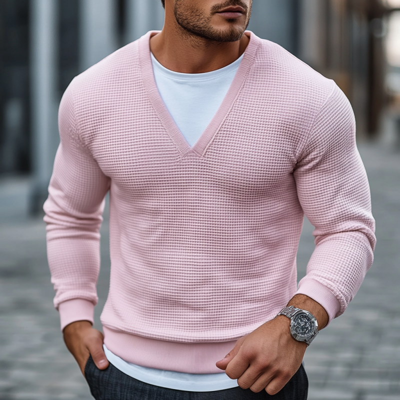 Men's Casual Round Neck Slim Fit Fake Two-piece Waffle Long-sleeved T-shirt 9906106826936