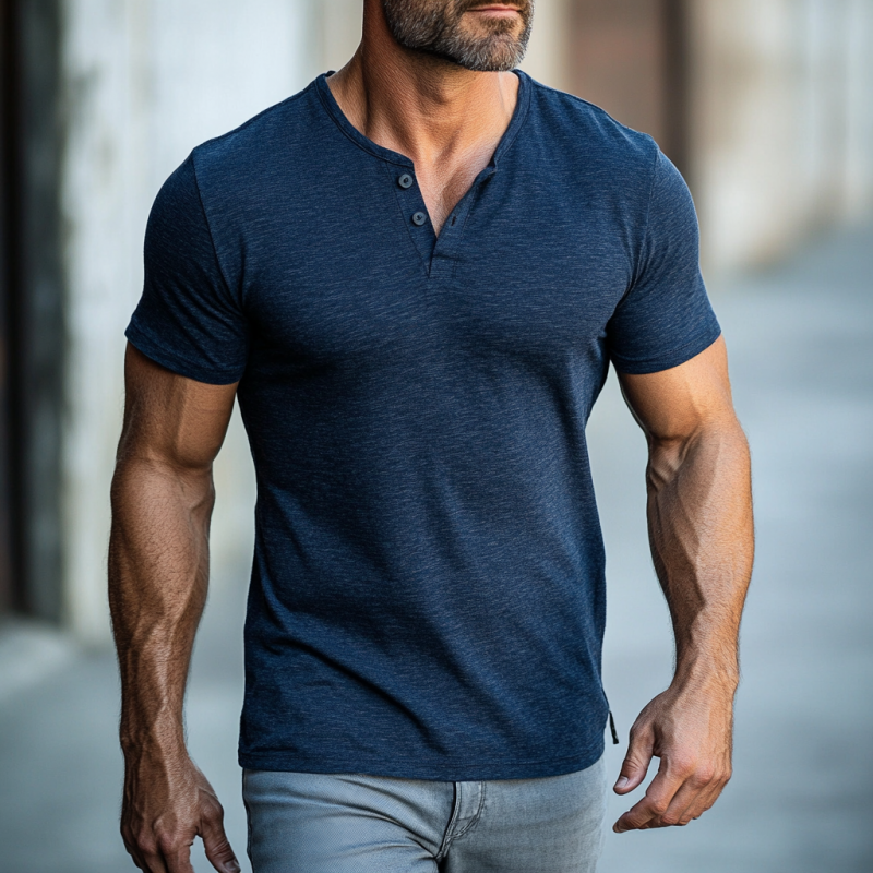 Men's Casual Cotton Henley Collar Slim Fit Short Sleeve T-Shirt 9903253946552