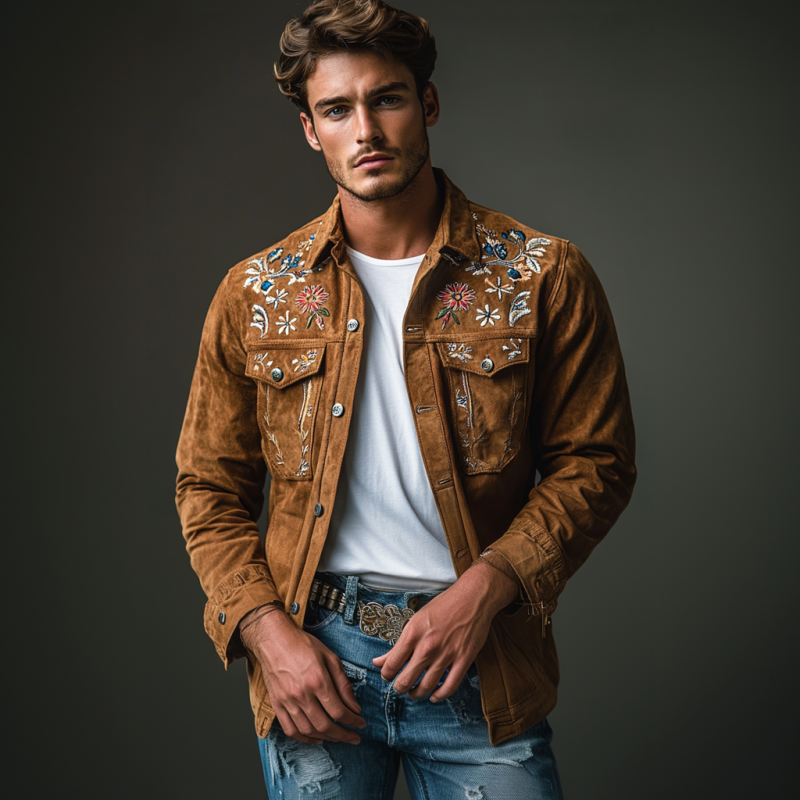 Men's Classic Casual Embroidered Suede Slim Fit Long Sleeve Western Shirt 9903259058360