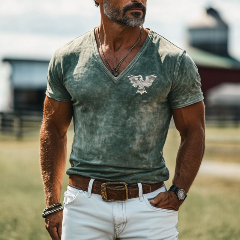 Men's Retro Western Style Slim Fit Suede Deep V Neck T-Shirt 9906105680056