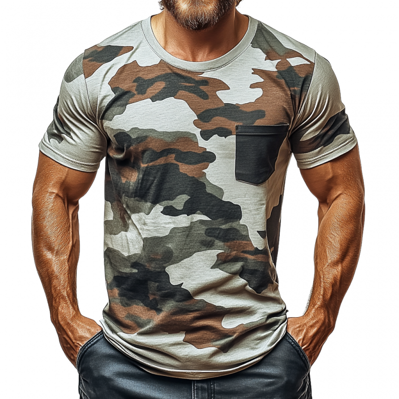Men's Casual Camouflage Patchwork Round Neck Slim Fit Short Sleeve T-Shirt 9912945443000