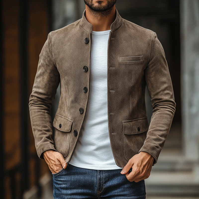 Men's Casual Suede Stand Collar Single Breasted Multi-pocket Slim Fit Blazer 9907264422072