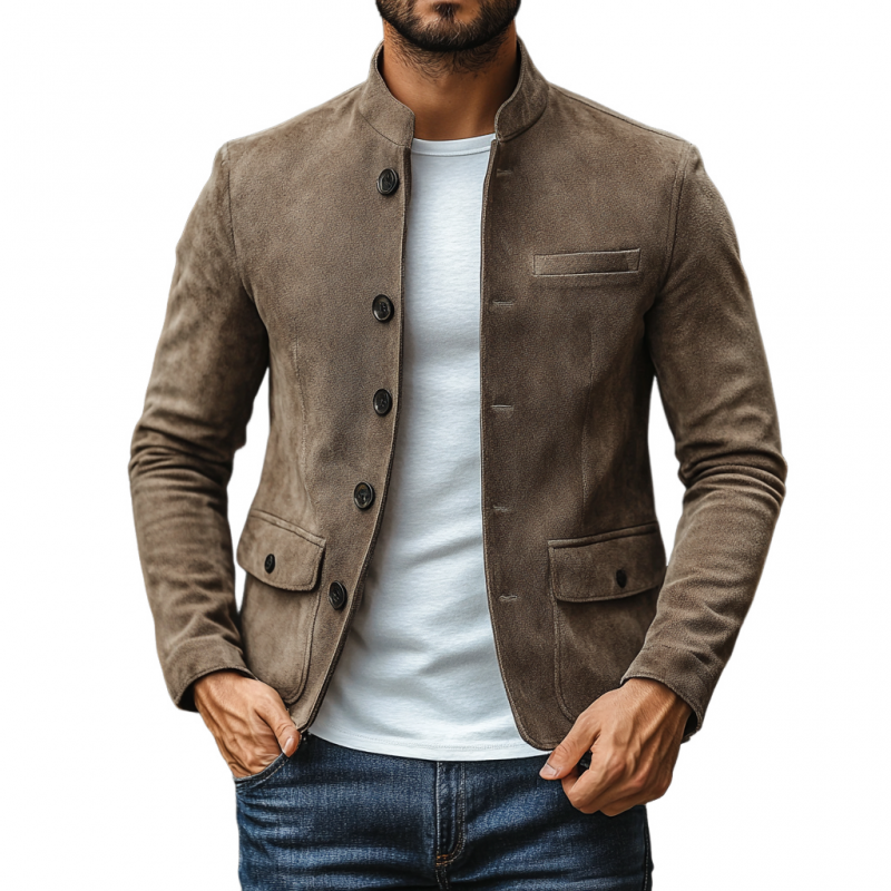 Men's Casual Suede Stand Collar Single Breasted Multi-pocket Slim Fit Blazer 9907264422072