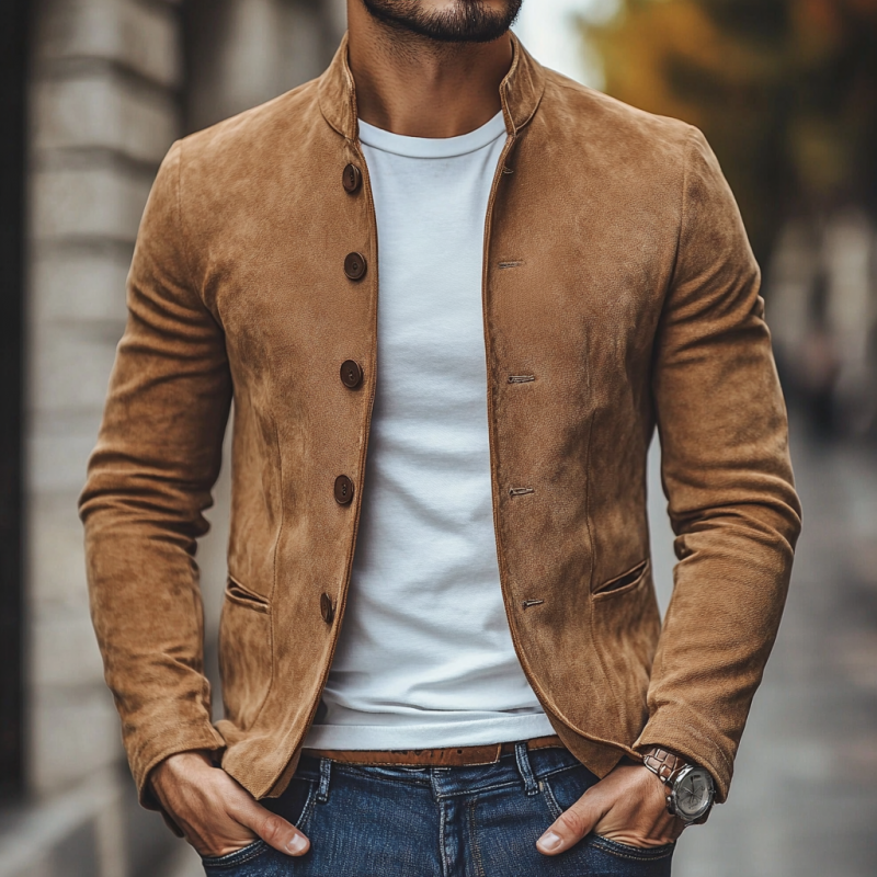 Men's Casual Suede Stand Collar Single Breasted Slim Fit Blazer 9907264454840