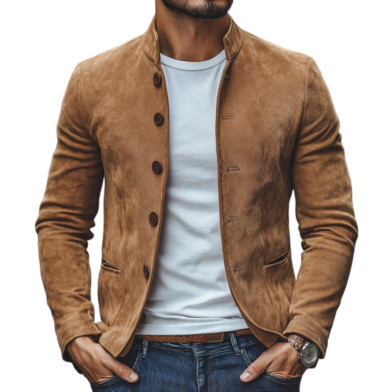 Men's Casual Suede Stand Collar Single Breasted Slim Fit Blazer 9907264454840