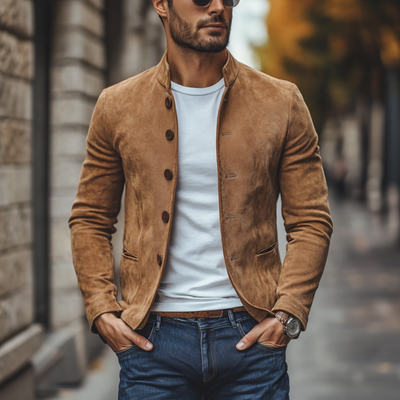 Men's Casual Suede Stand Collar Single Breasted Slim Fit Blazer 9907264454840