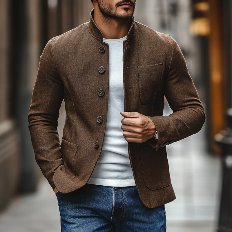 Men's Casual Linen Stand Collar Single Breasted Slim Fit Blazer 9907264258232