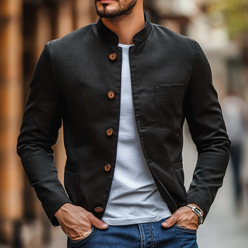 Men's Casual Linen Stand Collar Single Breasted Slim Fit Blazer 9907264225464