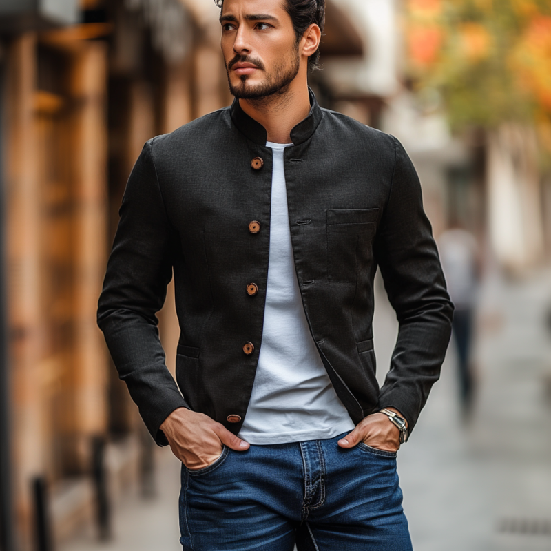 Men's Casual Linen Stand Collar Single Breasted Slim Fit Blazer 9907264225464