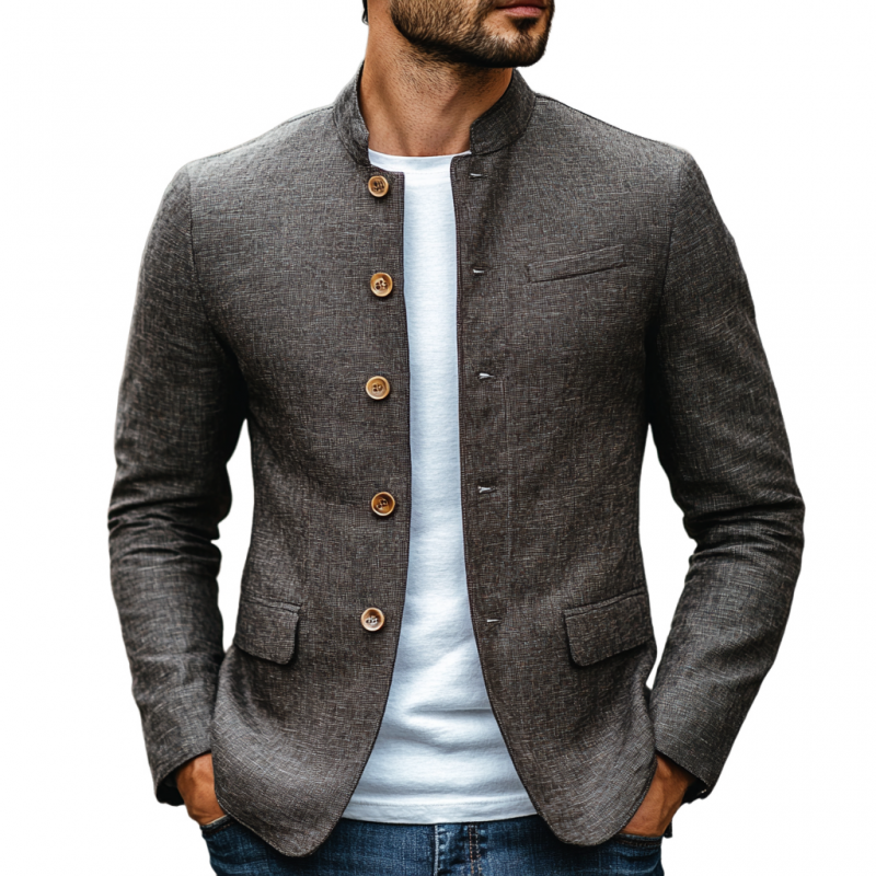 Men's Casual Linen Stand Collar Single Breasted Slim Fit Blazer 9907264192696