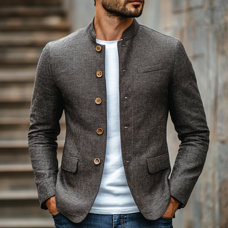 Men's Casual Linen Stand Collar Single Breasted Slim Fit Blazer 9907264192696