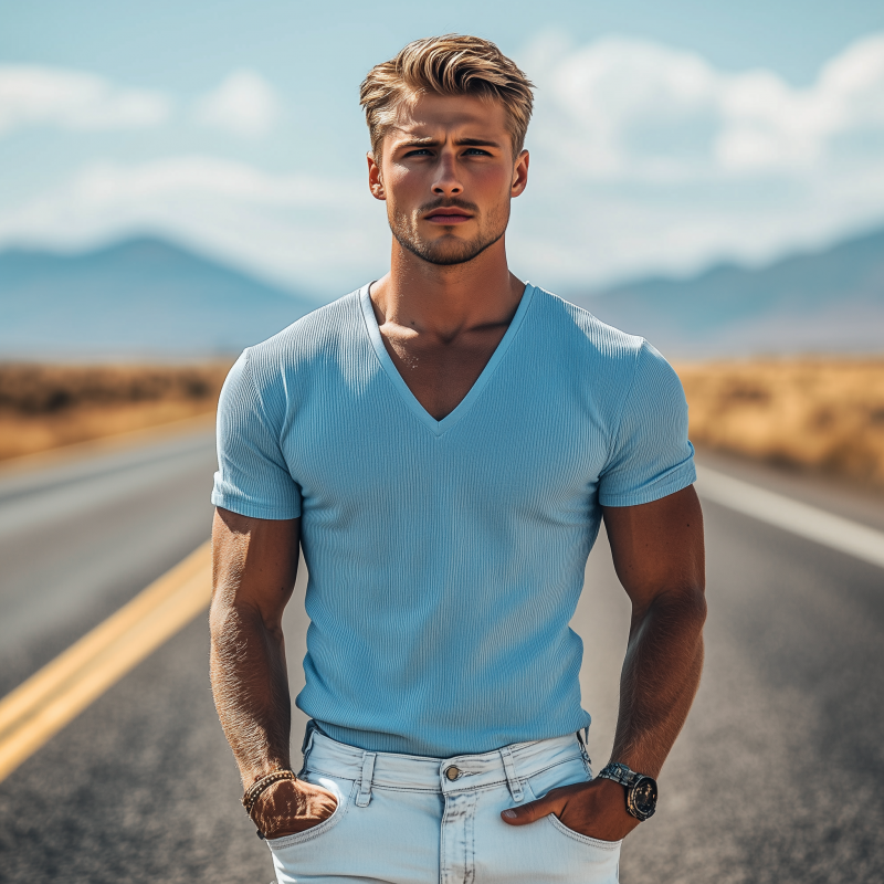 Men's Classic Spring and Summer Casual Skin-friendly Slim Fit Deep V-neck T-shirt 9911548575928
