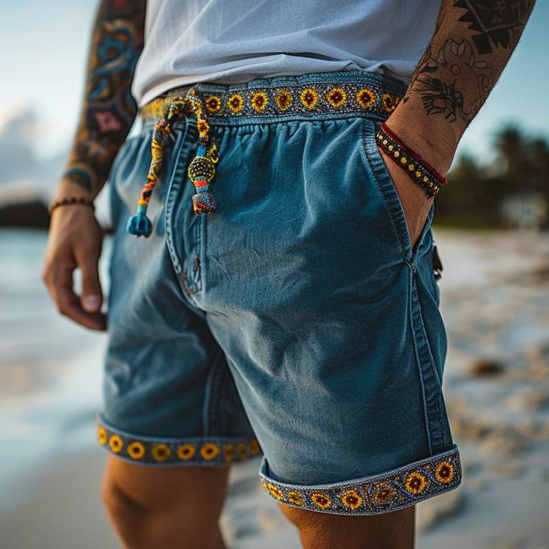 Men's Classic Spring and Summer Resort Style Floral Tencel Denim Shorts 9911548379320