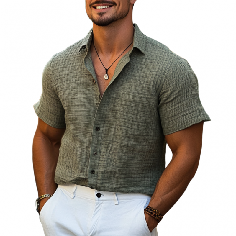 Men's Casual Cotton Linen Lapel Loose Short-sleeved Shirt 9912945246392