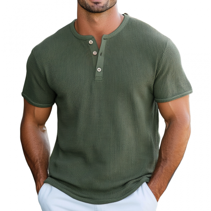 Men's Casual Waffle Cotton Henley Collar Loose Short Sleeve T-Shirt 9912945311928