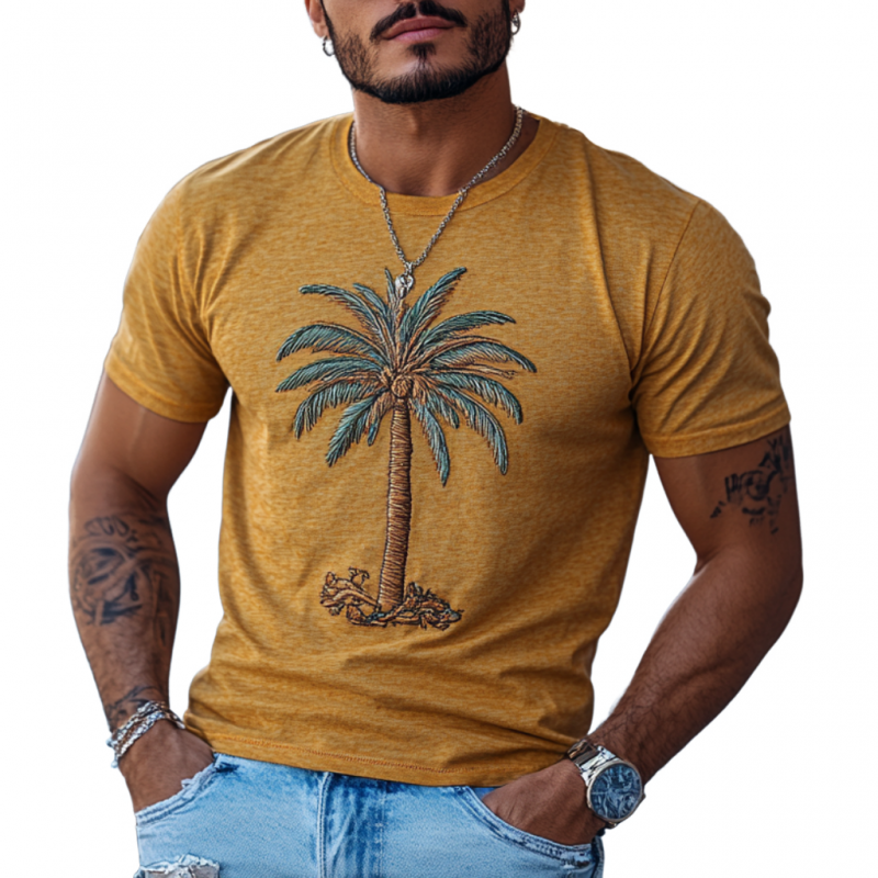 Men's Casual Cotton Coconut Tree Embroidery Round Neck Slim Fit Short Sleeve T-Shirt 9918990123192